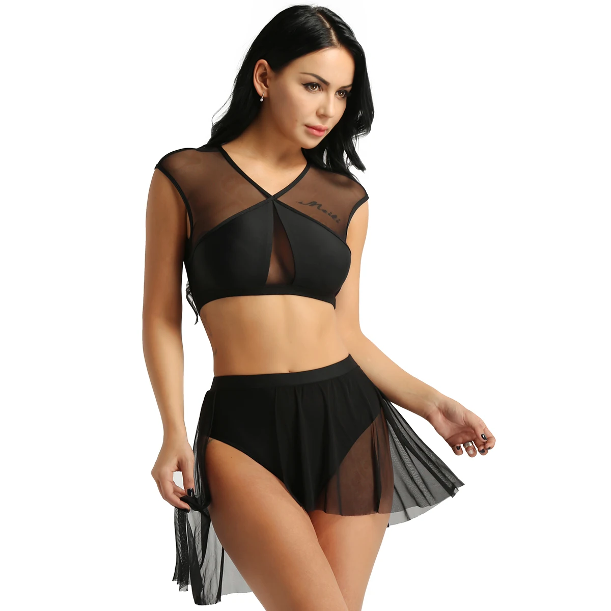 Women Ballet Dance Dress Asymmetrical Mesh Splice Crop Top with Leotard Skirt Contemporary Gymnastics Jazz Lyrical Dance Costume