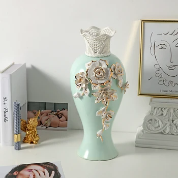 

European luxury drawing gold rose ceramic vase creative living room flower arrangement home decoration YHJ031911