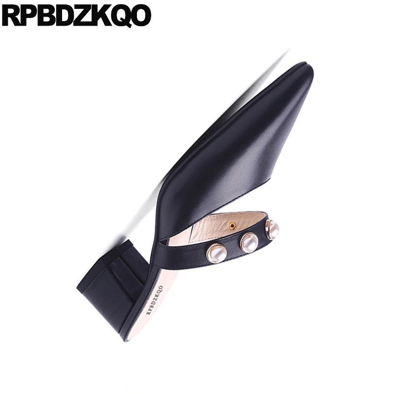 pointed toe medium heels women modern japanese block pumps genuine leather size 4 34 patent shoes black pearl strap mary jane