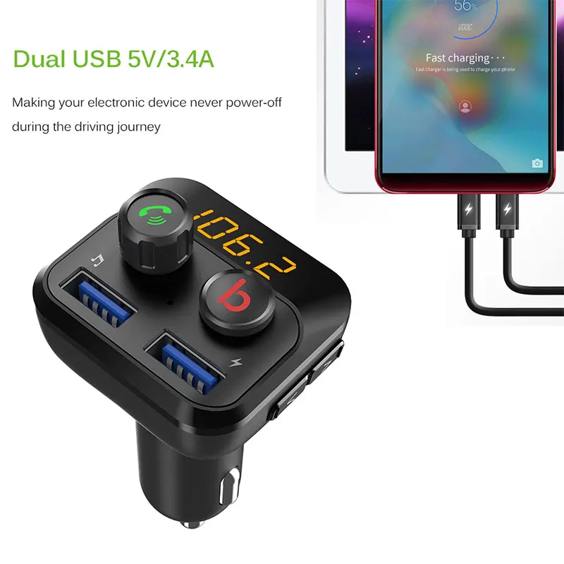 Fm-передатчик Bluetooth бас тон качество Bluetooth радио передатчик 3.4A двойной USB Автомобильное зарядное устройство Hands-Free MP3 Play FM модулятор