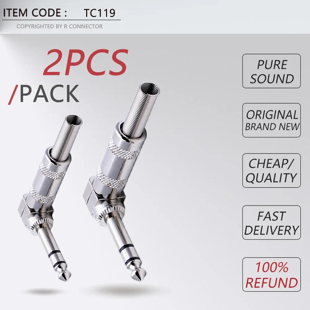 2PCS Right Angle 6.35MM Stereo Male Plug Guitar Wire Connector 1/4 Inch Effects Pedal Microphone MIC