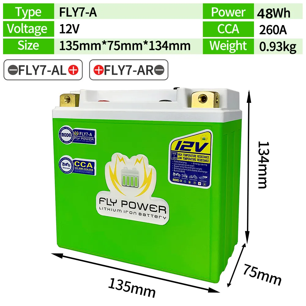 

FLY7-A Motorcycle LiFePO4 Starter Battery 12V 48Wh CCA 260A Motorbike Lithium iron Battery Built-in BMS For Scooter ATVs UTVs
