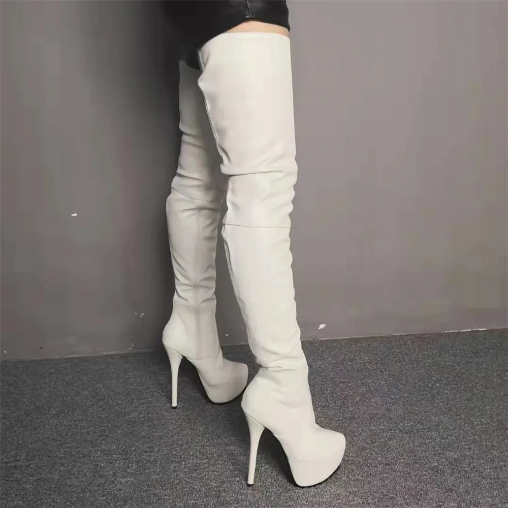 

PU Leather Pointer Slim Fit Winter Long Boots Womens Over The knee Thin High Boots 2019 Winter Platform White Booties Shoes