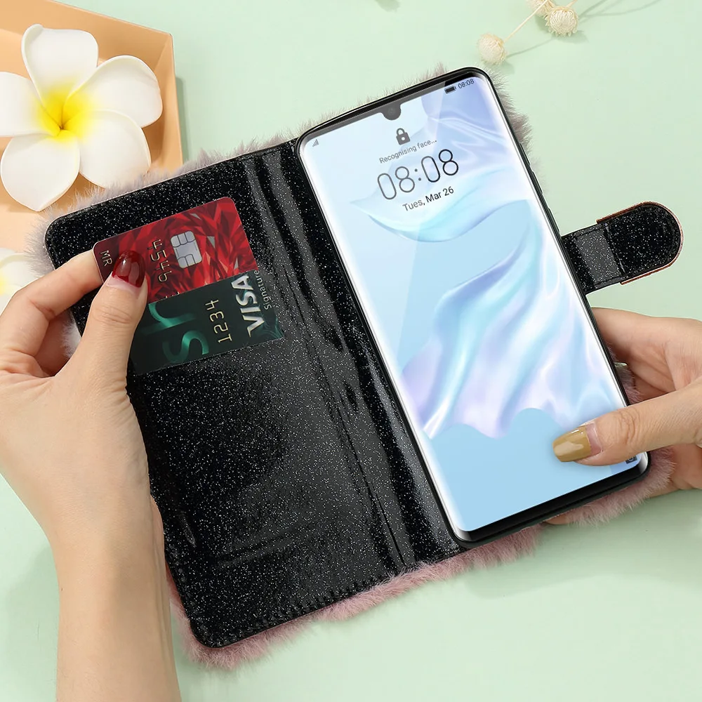 Pepmune роскошный флип пушистый меховой чехол для huawei P30 Pro Nova 4E для женщин и девочек милый блестящий кошелек кожаный чехол для huawei P30 Lite