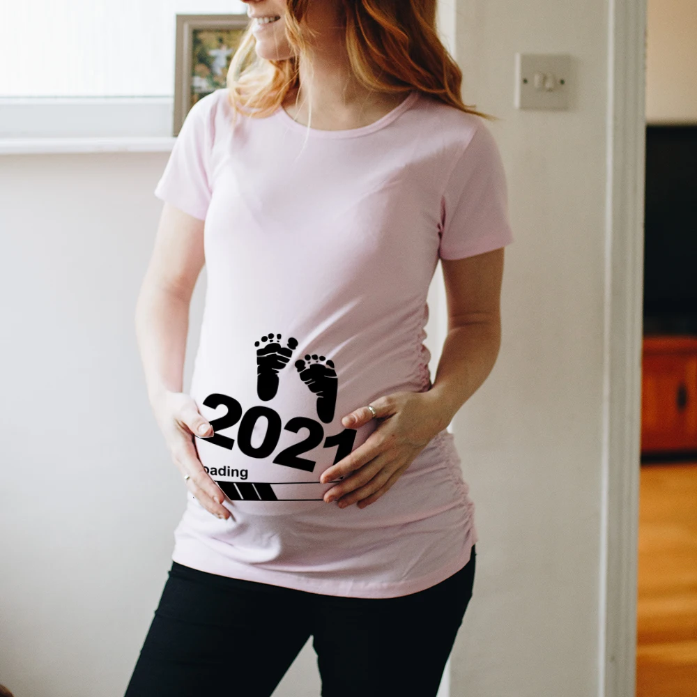 Pregnant Baby Loading 2022 Funny Women T Shirt Girl Maternity Pregnancy Announcement Shirt New Mom Big Size Clothes,Drop Ship black and white striped shirt