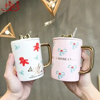 

Korean Version of High-grade Gold Ceramic Cup with Lid with Spoon Bowknot Mug Business Office Coffee Cup Gift Drinking Cup