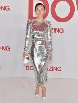 

2020 Women Sequined Silver Dress Long Sleeve Mid-Calf Solid Elegant Celebrity Party Summer Wedding Hotest Vestidos