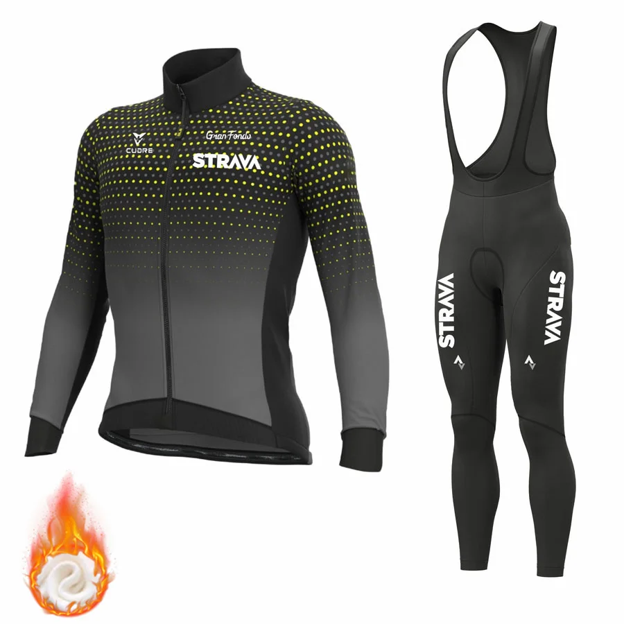 2022 STRAVA Winter Thermal Fleece Cycling Jersey Sets Men Outdoor Riding MTB Ropa Ciclismo Bib Pants Clothing Suits | Спорт и