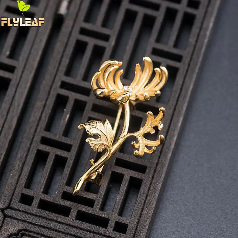 

925 Sterling Silver 18k Gold Chrysanthemum Brooches For Women Chinese Style Female Brooch Vintage Jewelry Flyleaf New