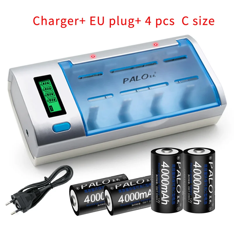 4pcs C charger EU PALO аккумулятор 4 шт 4000mAh 1,2 V C размер аккумуляторные батареи для электронных инструментов светильник-вспышка+ 2 шт коробка для хранения батарей - Цвет: 4pcs C charger EU