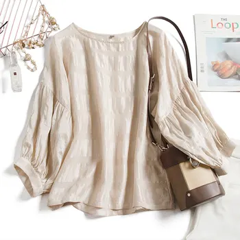

Jacquard Fixed Silk Fabric Women Shirts and Blouse with Lantern Sleeve Pullover Female Three Quarter sleeve High Street fashion