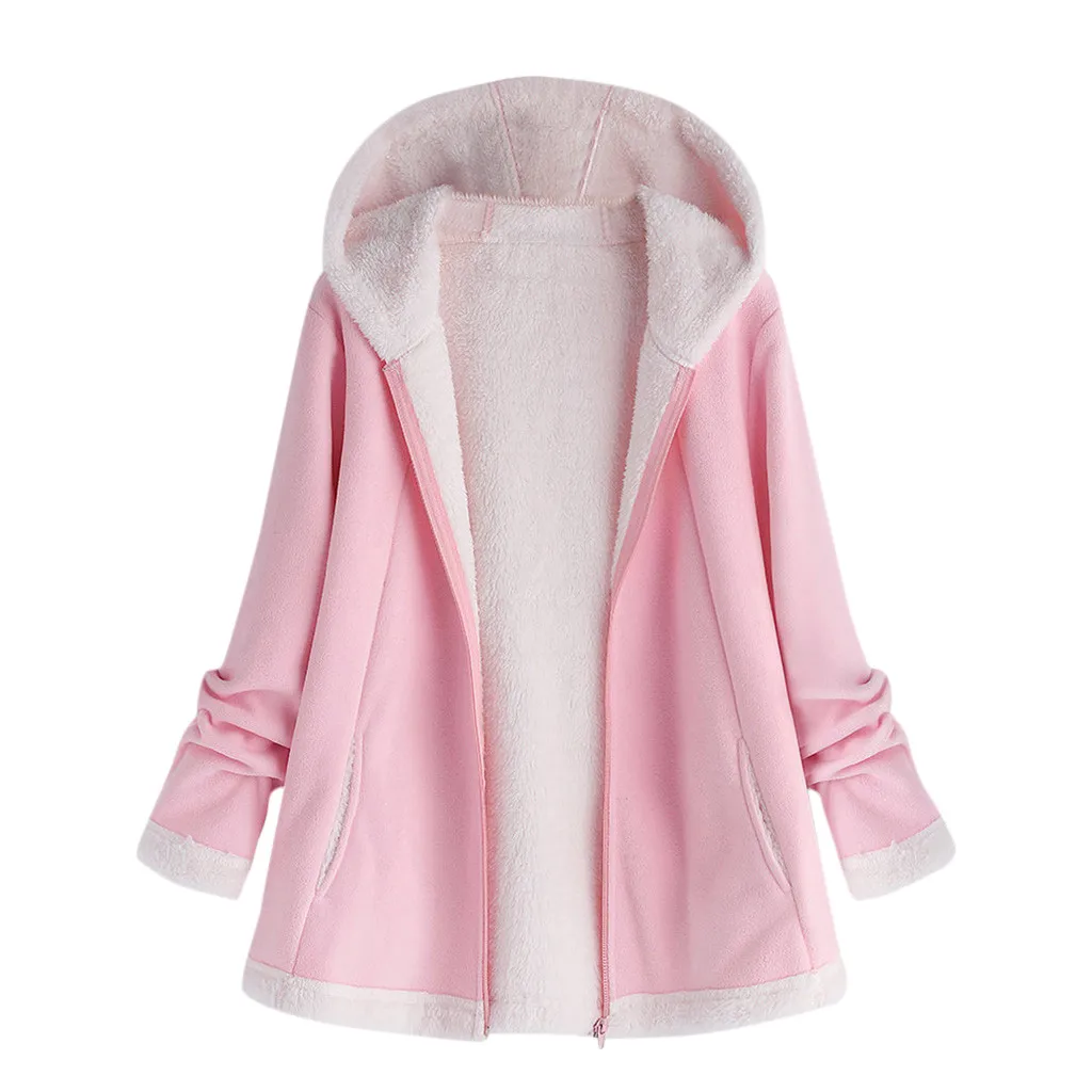 Женские пальто зимняя куртка на молнии с длинным рукавом плюшевая толстовка с капюшоном Повседневная куртка сплошная Верхняя одежда# YL5 - Цвет: Pink