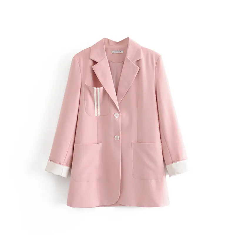 Розовое повседневное пальто Женские однотонные Куртки Элегантные с длинным рукавом Зубчатый однобортный верхняя одежда женский карман пуговицы офисные пальто - Цвет: pink