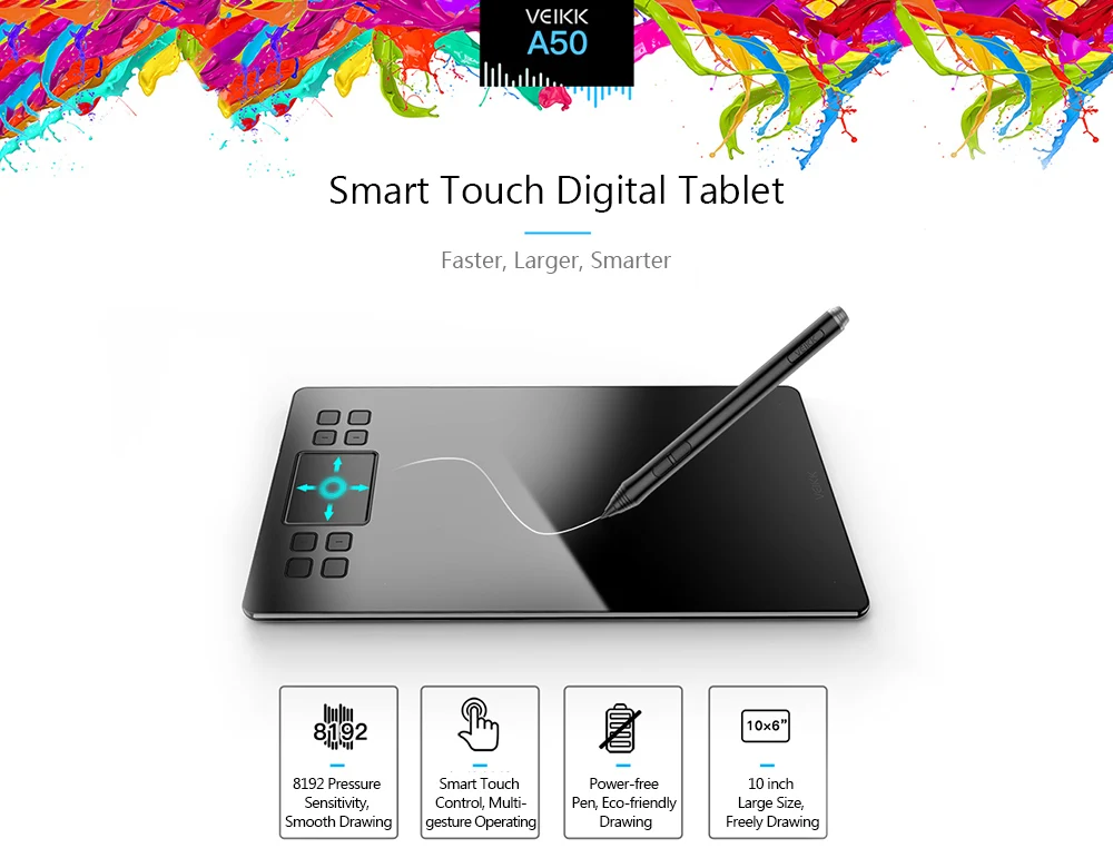 

VEIKK A50 Graphics Drawing Tablet Panel 0.9cm Ultra-thin 8192 Pressure Sensitivity Compatible with Win and Mac System
