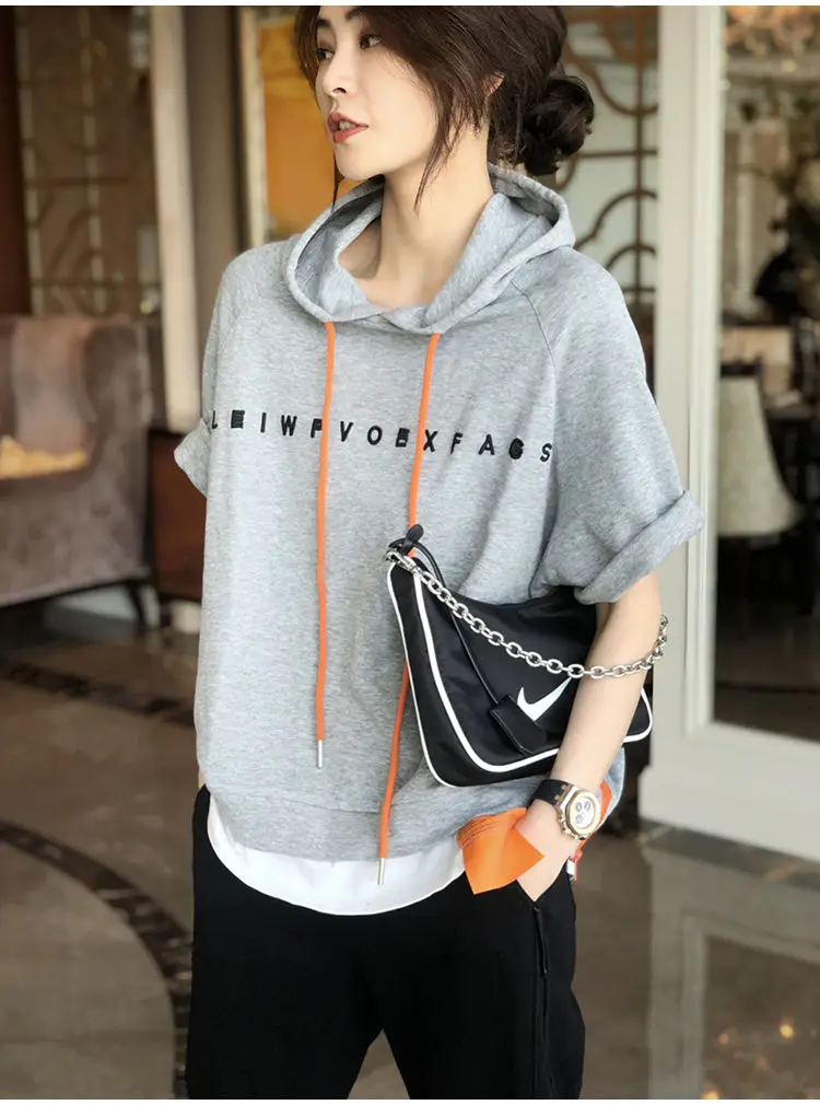 Summer Fashion Women Short Sleeve Loose T-shirt All-matched Casual Hooded Tee Shirt Femme Letter Print Tops 100% Cotton S823 graphic tees women