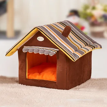 

Pet House Foldable Bed With Mat Soft Winter Dog Puppy Sofa Cushion House Kennel Nest Dog Cat Bed Two Roof