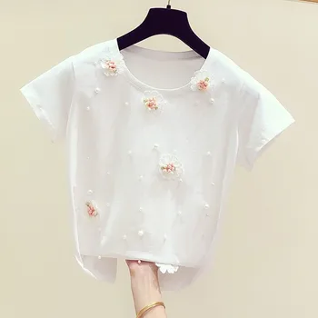 

Woman's White T-shirt 2020 Summer New Hand-studded Beaded Stereo Flowers Short Sleeve T-shirt Female Casual Tops Girls Students