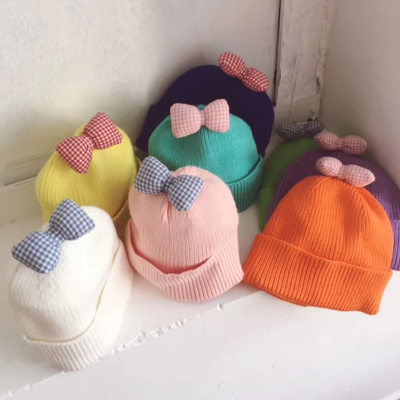 Cotton Newborn Boys Girls Cute Autumn Winter Warm Kids Baby Bowknot Design Hats Wool Hemming Caps Baby Hats Newborn Unisex Hot