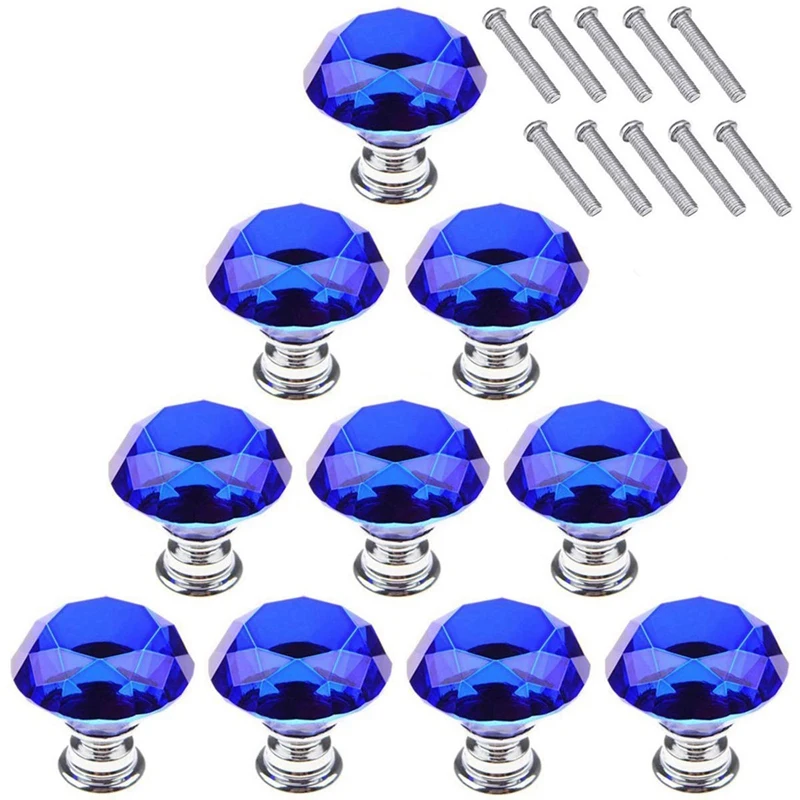 Blue 10pcs 30mm Crystal Glass Cabinet Knobs Diamond Shape Drawer