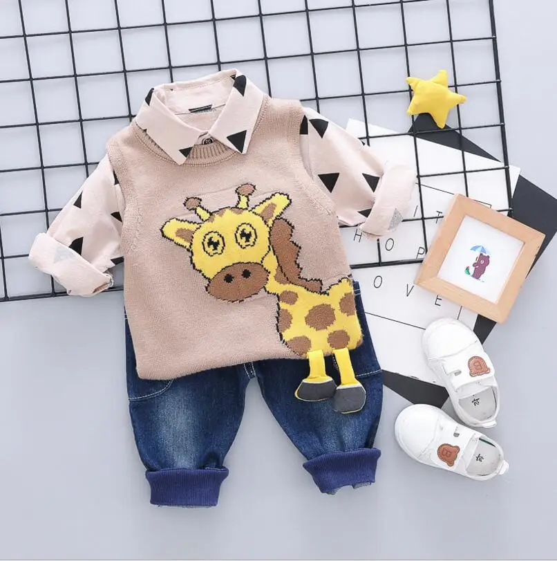 Boys'Dress/Новые Стильные Свитера на весну и осень, костюмы с жилетками и рубашкой, комплект с изображением жирафа из мультфильма, куртка для мальчиков