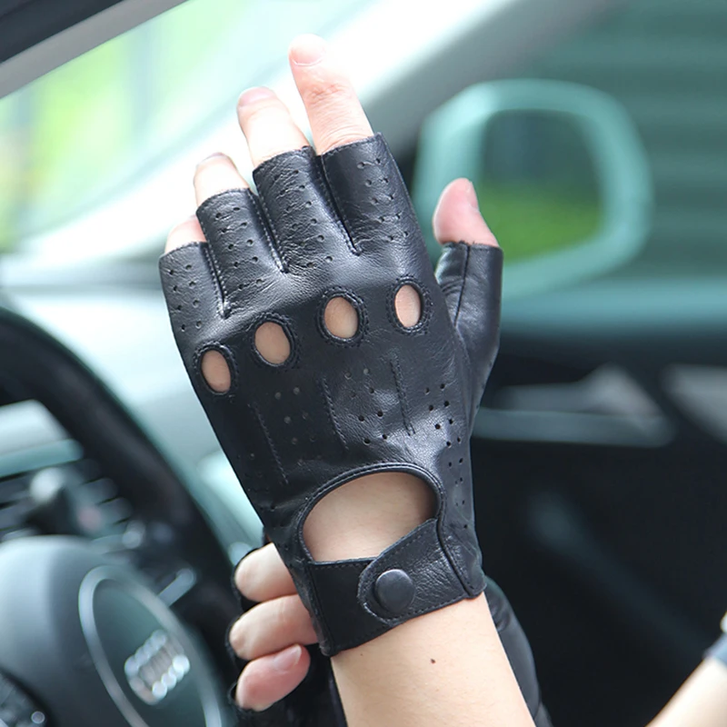 

Real Leather Gloves Male Summer Thin Driving Fingerless Breathable High Quality Men Black Sheepskin Semi-Finger Gloves EM102