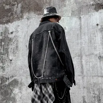 

Chain Decoration Denim Jacket Men Retro Black Jacket Motor Chaqueta Vaquera Autumn Slim Fit Veste En Jean Streewear Homme