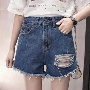 

Women Denim Shorts Hole Ripped High-Waisted Korean Summer Streetwear Fashion Classic Vintage Wide Leg Female Loose Blue Jeans