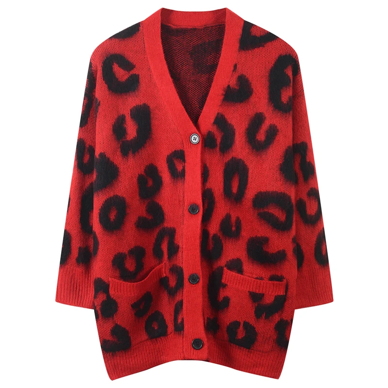 

Women Cardigan Loose V- Neck Leopaed Jacquard Knitted Sweater Coat Color Block Top Long Sleeve Button Pockets Knitwear Winter