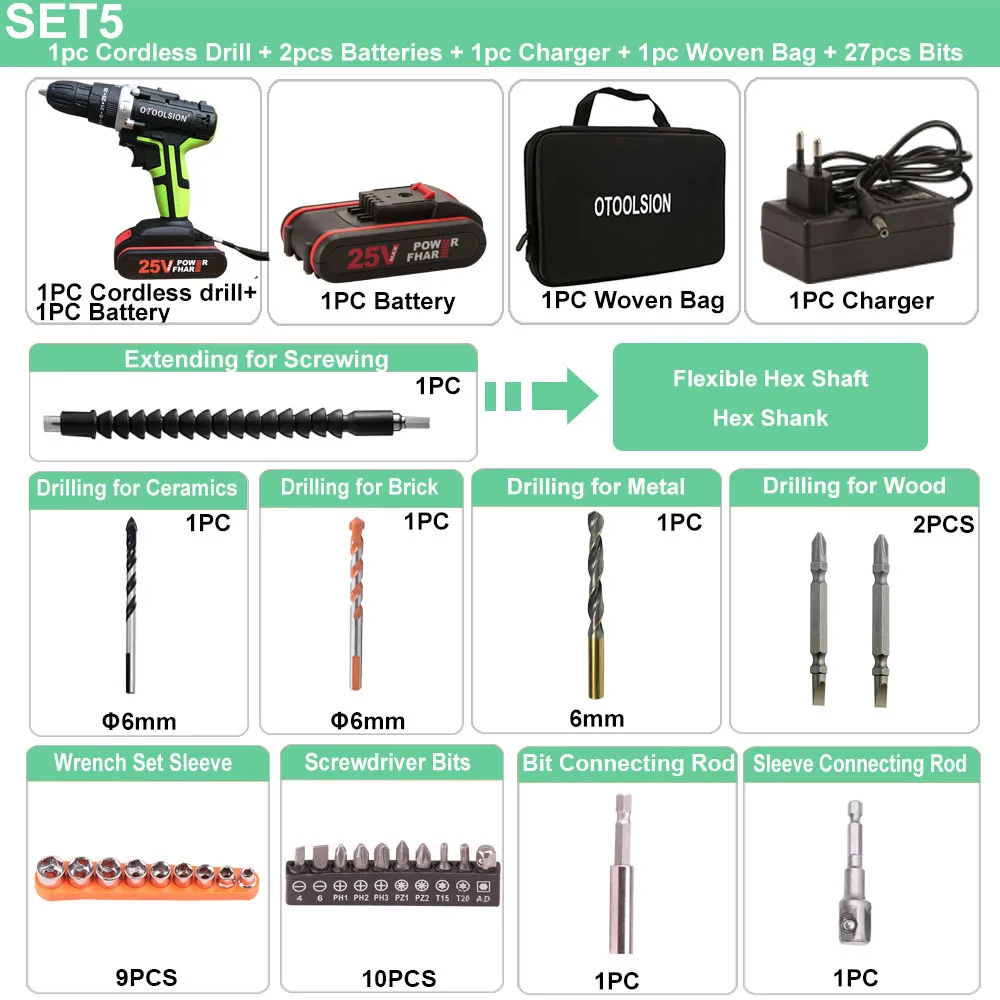 25 в шуруповерт электрическая дрель маленькая дрель Электроинструмент молоток Электроинструмент ударная Аккумуляторная дрель для сверла из стали дерево керамика - Цвет: SET5 (2 pc battery)