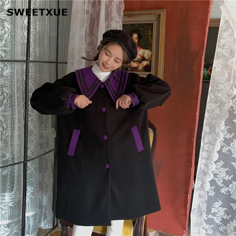 SWEETXUE Женская шерстяная куртка теплая девчачья элегантный дизайн хит цвет шерстяная зимняя черная винтажная милая куртка с отложным воротником Femme