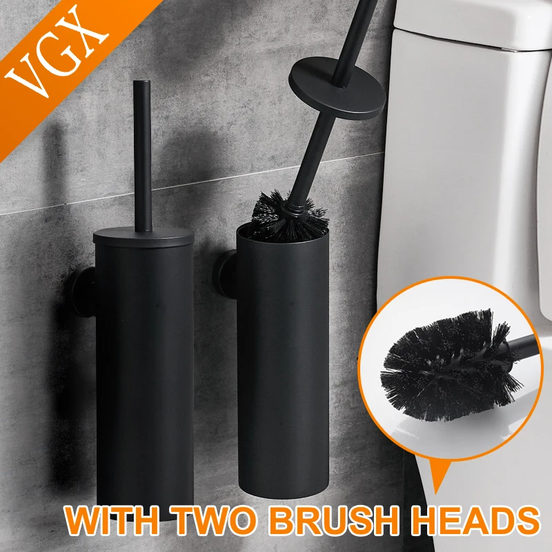 Toilet Brush Holder VGX Bathroom Toilet Brush Holder Stainless Steel Wall Mount Cleaning Brush Holder Set Household Accessories Black Brushed Chrome