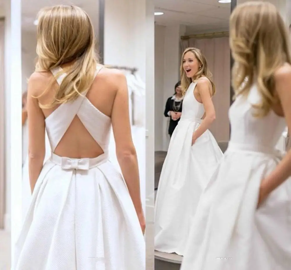 

Elegant White Wedding Dresses with Pockets Criss Cross Back Satin 2021 Custom Made Bridal Gowns vestidos de noiva