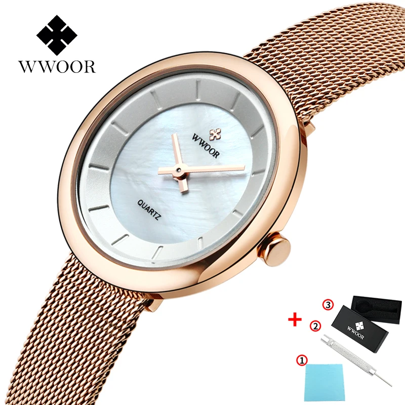 Rose Gold WWOOR, роскошные часы, женская мода, платье, браслет, часы, серебро, простые, повседневные, ультра-тонкие, кварцевые часы, montre femme, часы женски - Цвет: Rose Gold