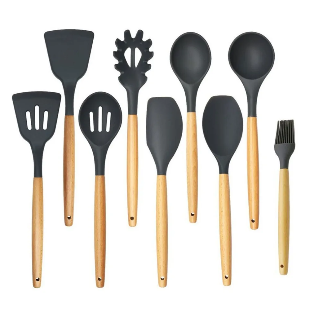Практичные силиконовые инструменты для приготовления пищи, противоскользящая деревянная ручка, кухонный половник-дуршлаг, скребок для масла, жареная лопата, кухонная утварь