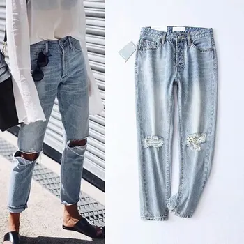 

Women Hollow Out Hole Jeans Casual Jeans High Waist Ripped Denim Trousers Button Pants Pockets Loose Long Pants