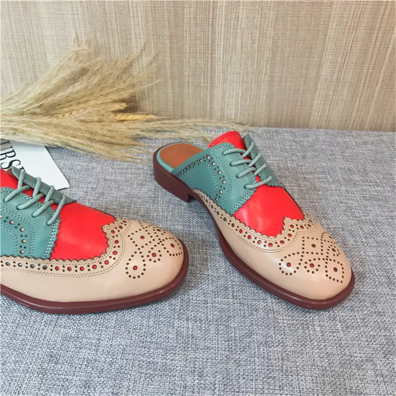 2020 Summer Slides Women's Shoes Carved Round Toe Flats Heel Brogues Mules Shallow Mouth Color Block Oxford Shoes Slippers Women (2)