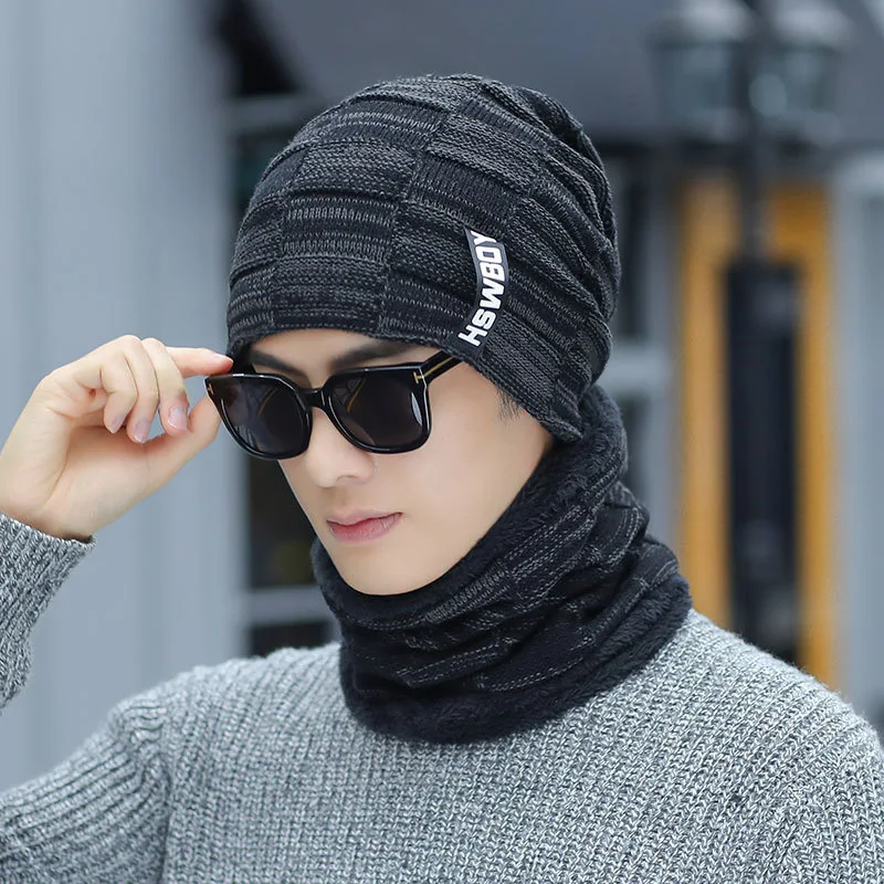 

Men Warm Skullies Beanie Soft Scarf Two-Piece Set Winter Thicken Hat Male Windproof Knitting Caps Neck Warmer