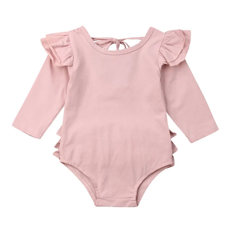 Розовый Emmababy одноцветные Ползунки с оборками и длинными рукавами для новорожденных девочек, комбинезон, комплект одежды на возраст от 0 до 18 месяцев - Цвет: Розовый