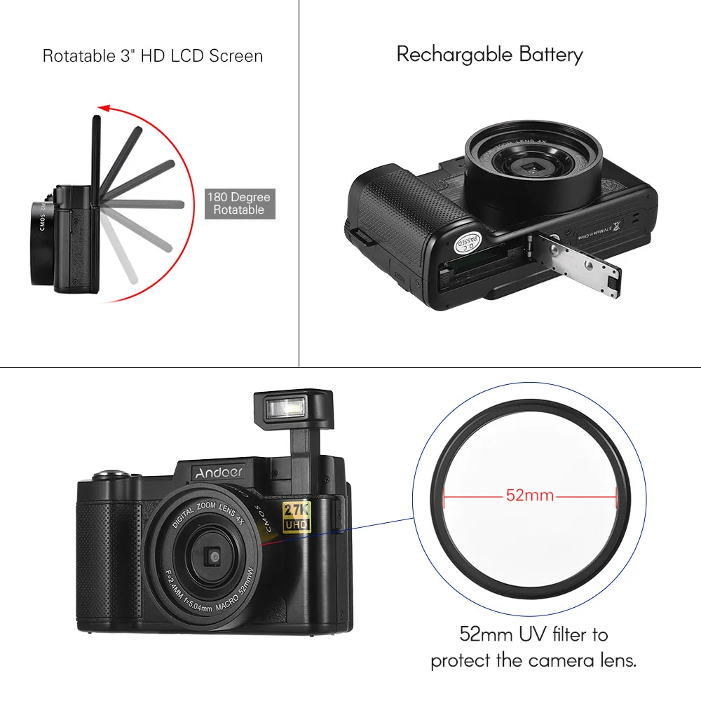 Andoer Full HD 24MP цифровая камера видеокамера 2,7 K 3," вращающийся TFT экран 4X цифровой WiFi подключение выдвижной фонарик