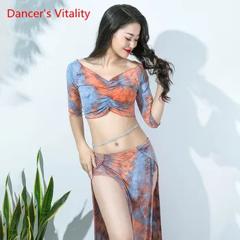 

New Women Bellydance Costume 2 Piece Set White Sexy Long Sleeve Oriental Dance Performance Show WearModal Blouse Side Slit Skirt