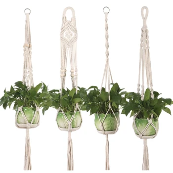 

4pcs/set Knotted Macrame Plant Hanger Vintage Cotton Linen Flowerpot Basket Lifting Rope Hanging Basket Pot Holder Garden Tools