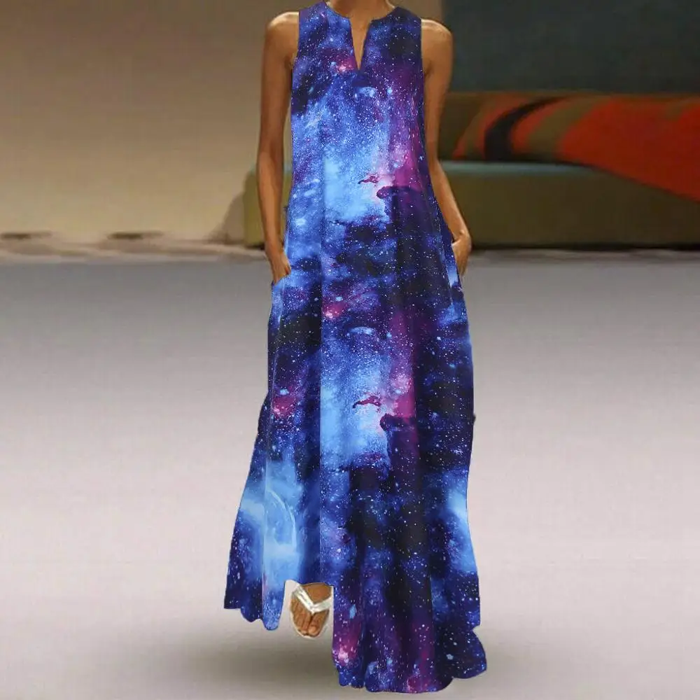 New Summer Dress Elegant Sexy Casual 3D Starry Sky Print Long Party Plus Size V Neck Sleeveless Boho Maxi Verano Rob | Женская одежда