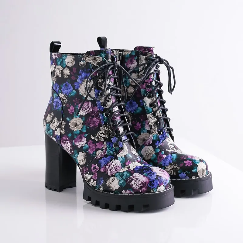 MORAZORA New arrive quality printed women boots winter autumn boots high heel fashion platform ankle boots women shoes - Цвет: flowers with fur