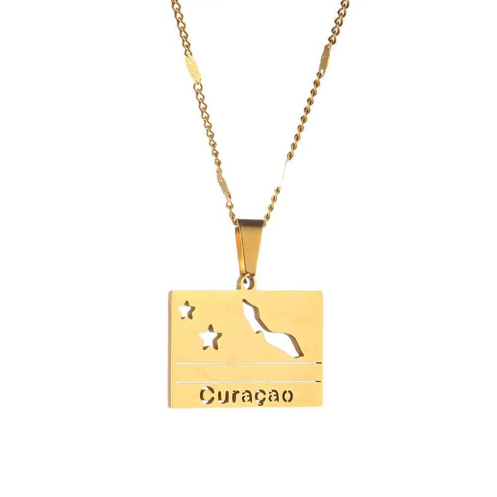 Stainless Steel Rectangle Curacao Map and Flag Pendant Necklaces for Women Girls Gold Color Maps Jewellery | Украшения и