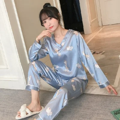 ladies pajama WAVMIT Long Sleeve Pajamas Silk Set 2 Pcs Women Sleepwear Shirt Nightwear for Women  Top Pant Home Wear Young Girl Pyjamas silk pajamas Pajama Sets