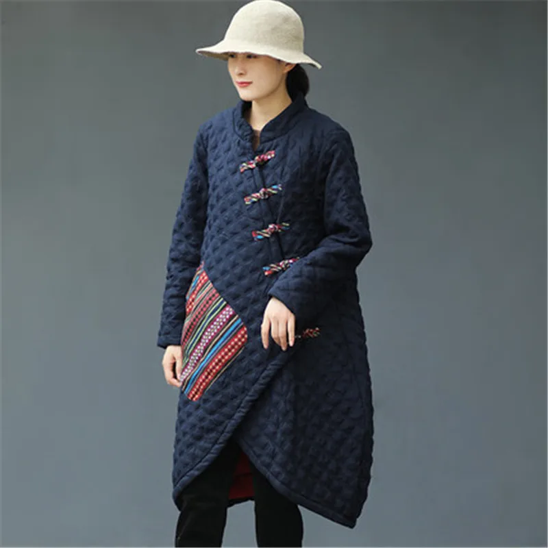 

2020 Chinese Jacquard Lattice Stand Collar Parka Coat Women Retro Cotton Linen Buckle Quilted Jacket Winter Cotton Clothing V978