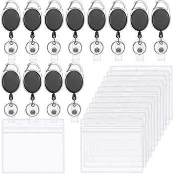 

HOT-12 Sets Of Retractable Badge ID Card Holders with Carabiner Roll Holders and Transparent Horizontal Name Tag Badge Holders