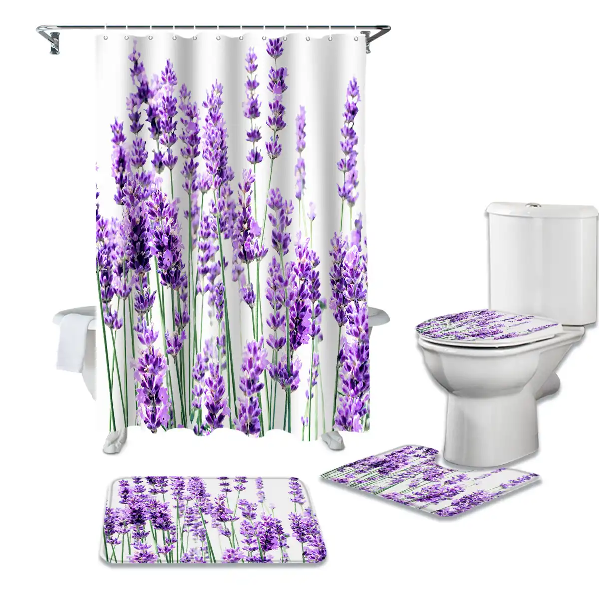Lavender Plant Flowers Shower Curtain Toilet Seat Cover Set Wc