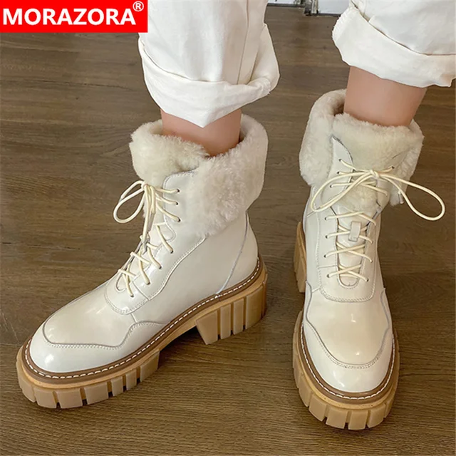 MORAZORA Plus Size 34-43 New Genuine Leather Boots Women Lace Up Platform Ankle Boots Thick Fur Warm Snow Boots Ladies Shoes 1