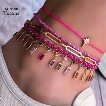 Tocona 5pcs/sets Colorful Crystal Stone Tassel Anklets Bracelets for Women Lighting Bead Foot Chain Bohemian Jewelry  9067